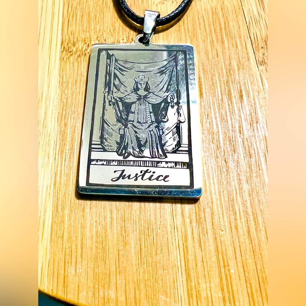 Justice Tarot Silver Pendant Black Leather Cord Necklace Handmade Bohemian NEW